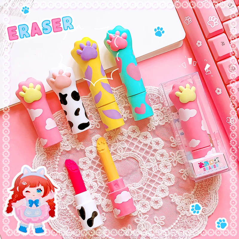 Kawaii Stationery Aesthetic stationery items office supplies gift cute things for school cat paw Lipstick design eraser Rubber