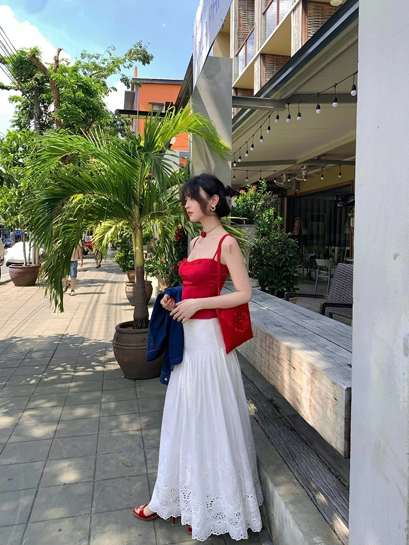 

Ретро-юбка миди А-силуэта с вышивкой и кружевом, с высокой талией, драпировкой и вырезами, из смесового хлопка, винтажная, удобная для повседневной носки