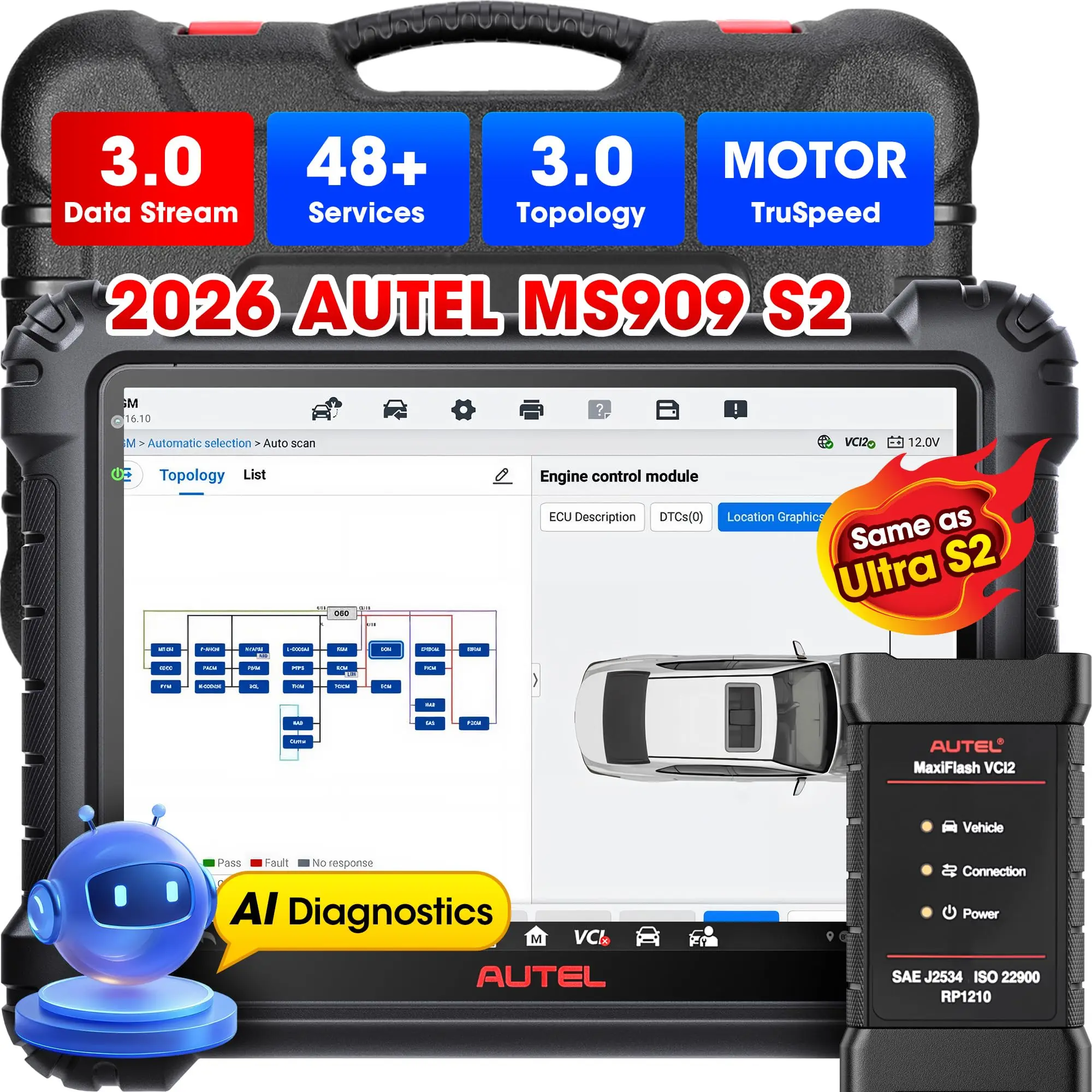 Autel MaxiSys MS909 S2 Intelligent Automotive Diagnostic Tools Scanner J2534 ECU Programmer, Motor TruSpeed Same as MS Ultra S2
