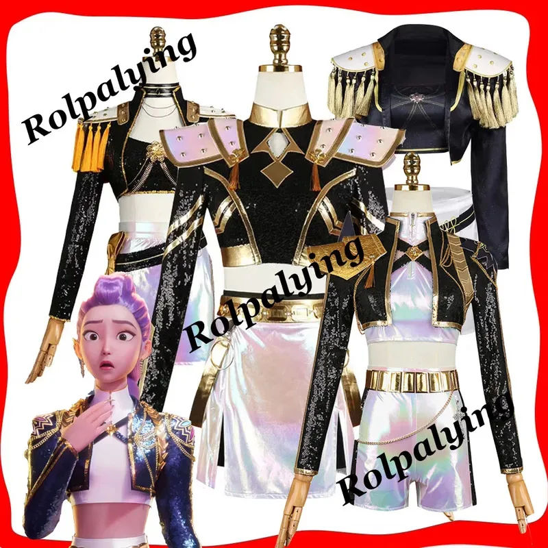 미라 케이팝 데빌 헌터 코스프레 블랙 골드 송 드레스 소녀 할로윈 코스프레 파티 의상