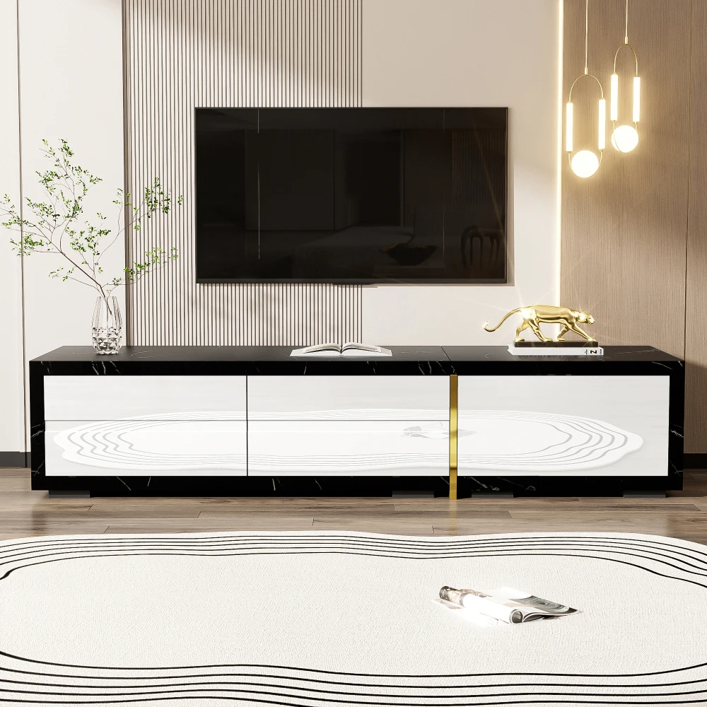 Moderner TV-Schrank mit variabler Länge (140–260 cm), drehbarer Funktion, weißes Hochglanz-Matt-Finish und goldenen Dekorationen – Detail 9