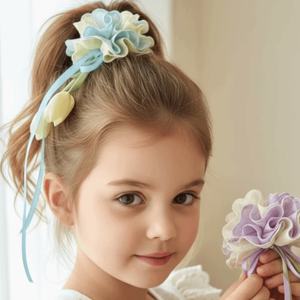 Floral Tulip Hair Scrunchie Multicolor Elastic Ribbon Hair Tie Handmade-feel Durable Kids Bun Maker Toddlers