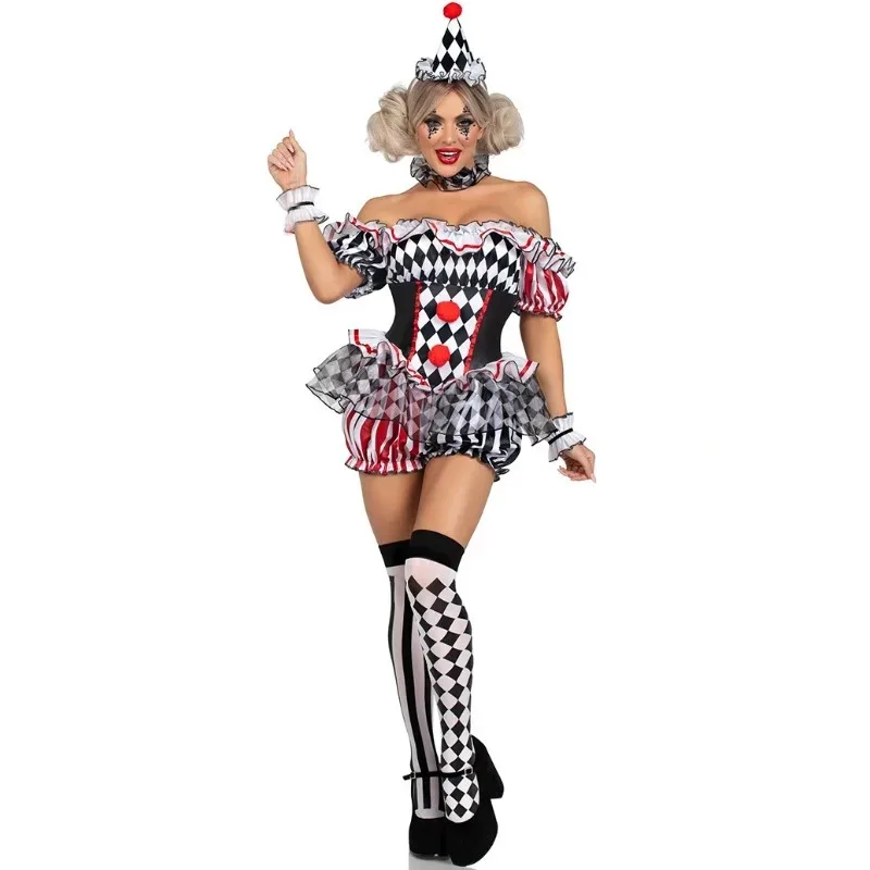 

Sexy Off-Shoulder Clown Bodysuit Striped Jumpsuit Halloween Role Play Costume Circus Party Holiday Outfit Stage Performance Wear