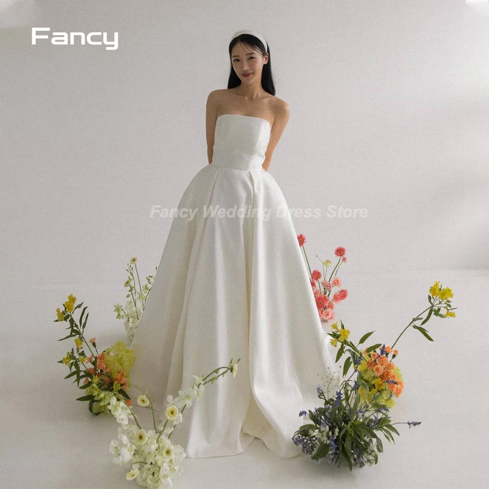 Fancy Korea  Simple A Line Wedding Dress Photoshoot Strapless Sleeveless Soft Satin Bridal Gown Floor Length Bridal Dresses