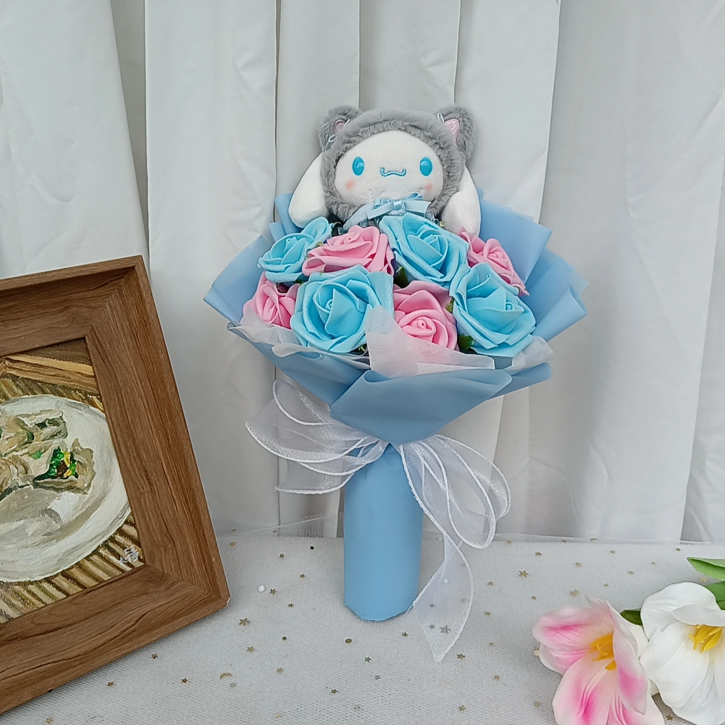 MINISO Kuromi Hello Kitty Plush Bouquet with Rose Anime My Melody Cinnamoroll  Plush Doll Valentine's Day Birthday Christmas Gif
