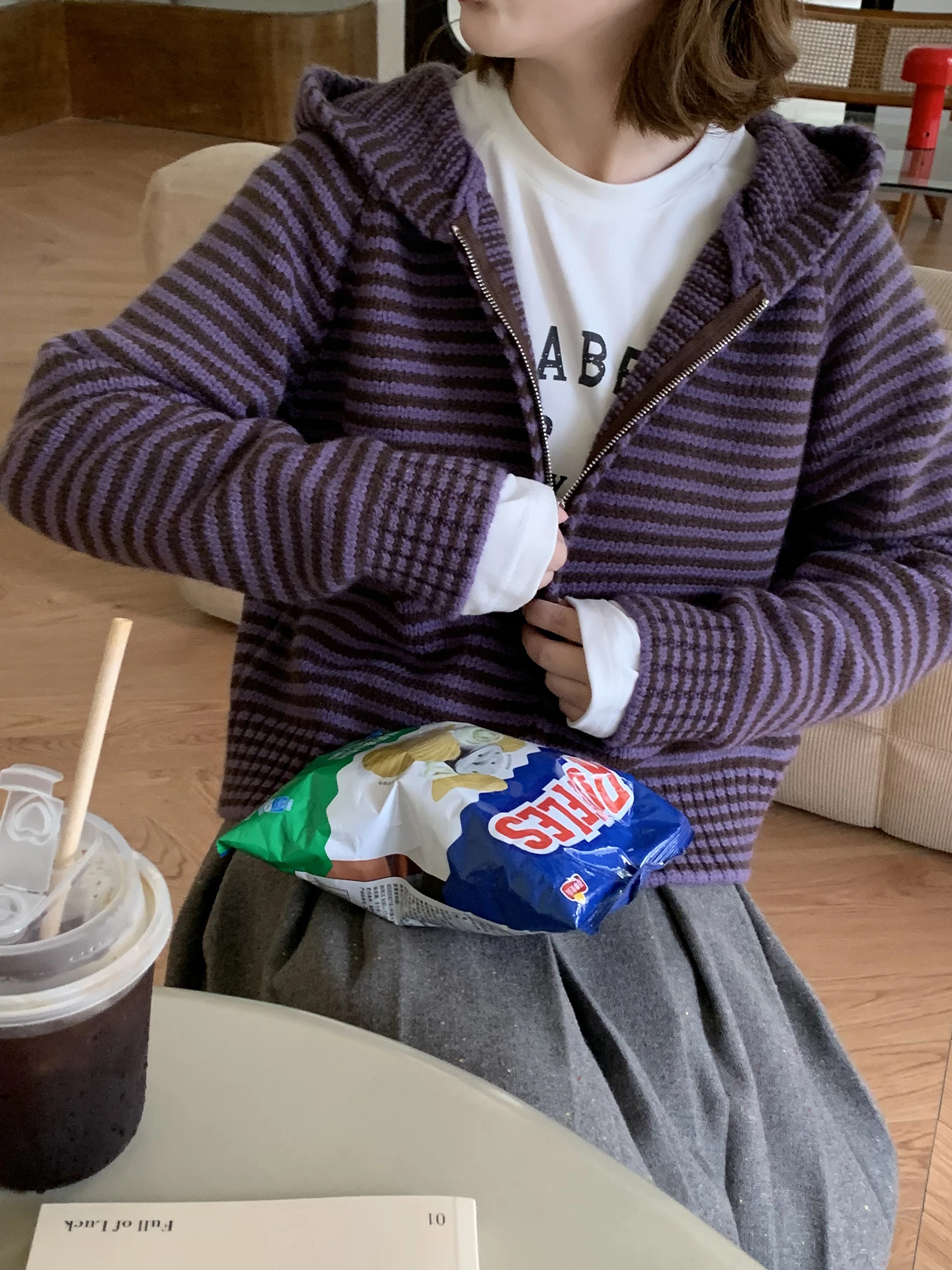 

ELINSU Vintage Striped Hooded Knitted Open Cardigan Women's Autumn Winter Loose Casual Versatile Sweater Jaet