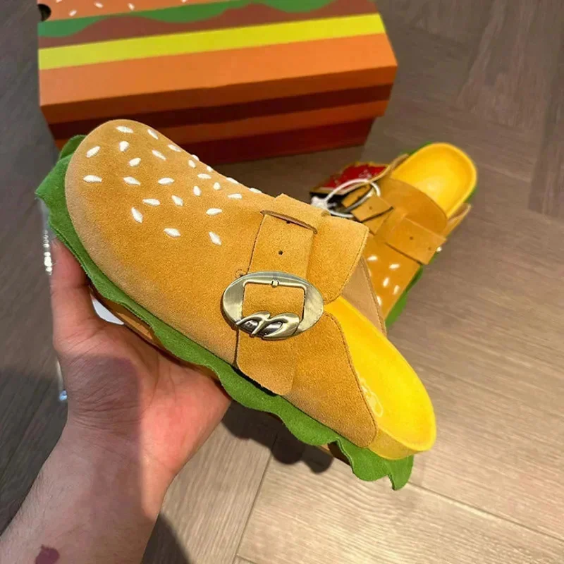 Trendy Creative Cartoon Burger Design Genuine Leather Bocken Shoes 2024 New Thick Soled Soft Convenient Casual Lazy Slippers