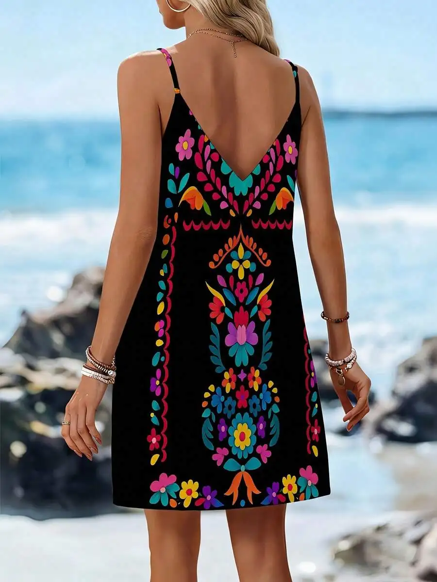 

Womens Adjustable Thin Strap V-Neck Backless Mini Dress Colorful Floral Embroidery Beach Vacation Casual A-Line Sleeveless