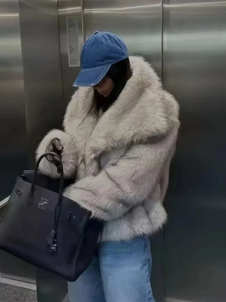 Płaszcz ze sztucznego futra ekologiczny damski krótki płaszcz ze sztucznego futra z długim rękawem płaszcz ze sztucznego futra zapinany na zatrzaski od przodu odzież wierzchnia damska elegancki