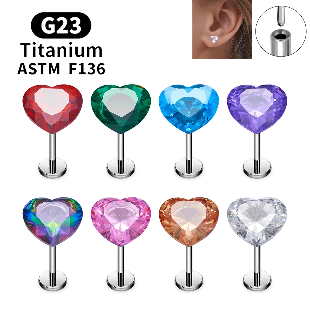 G23 Titanium Heart-shaped Stud Earrings for Women Girl 16G CZ Pin Type Labret Lip Ring Nose Ear Cartilage Tragus Body Jewelry