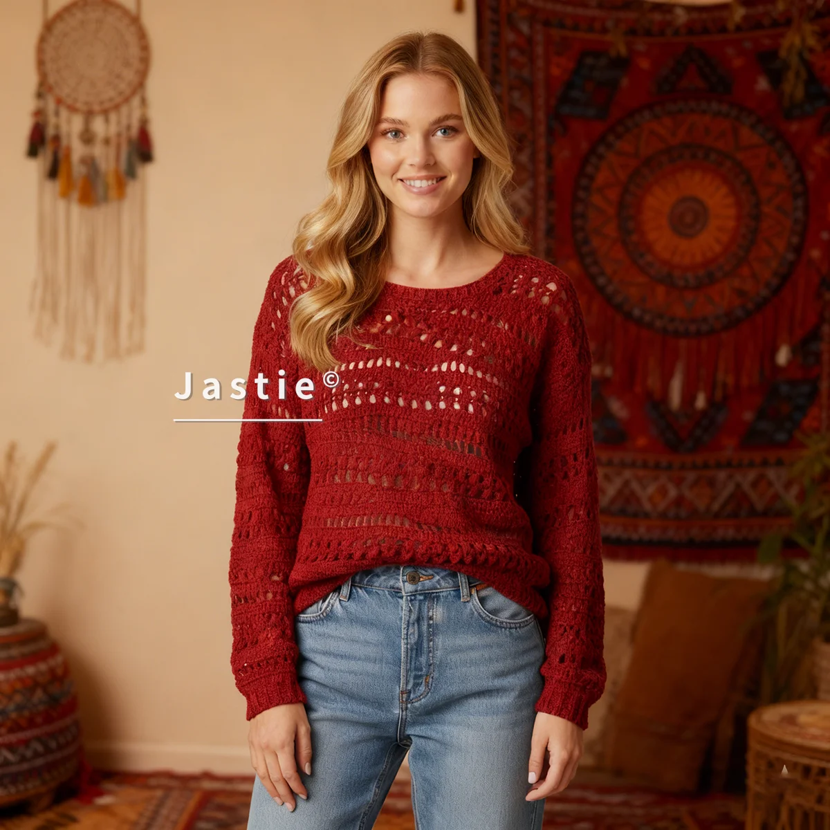 

Women's Red Crochet Sweater Christmas And New Year O-Neck Openwork Knit Pattern Loose Casual Autumn Knitted Pullover Tops