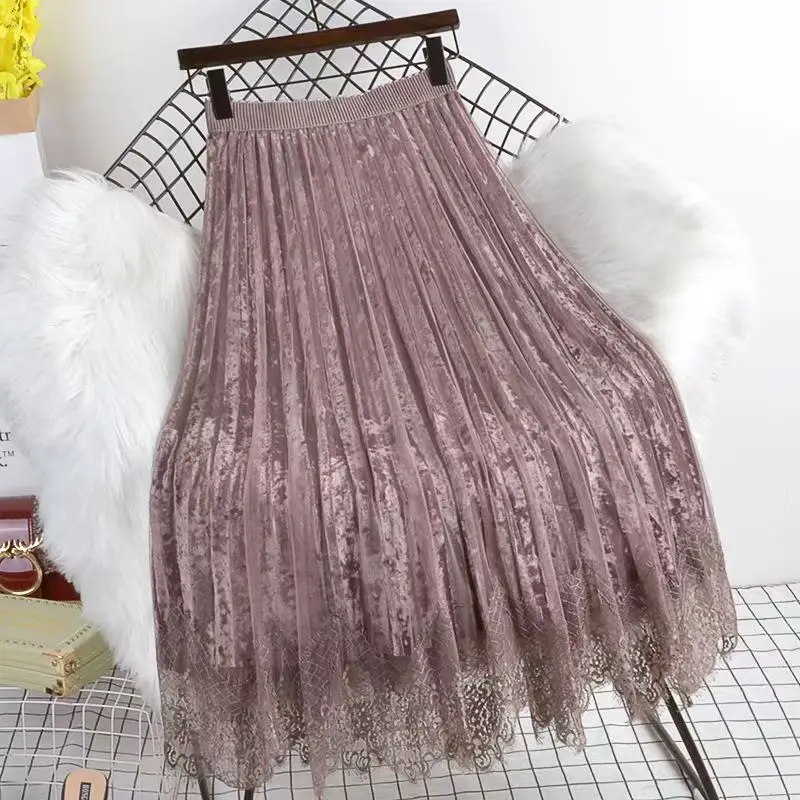 

Velvet Mesh Tulle Lace Skirt Women Autumn Winter Fashion Solid Color Splicing Party Long Skirt