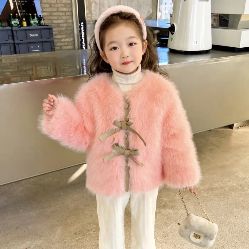 معطف فرو للفتيات الصغيرات للخريف والشتاء سترة جديدة أنيقة من فرو اللؤلؤ السميك للأطفال مقاس 90-150 سم