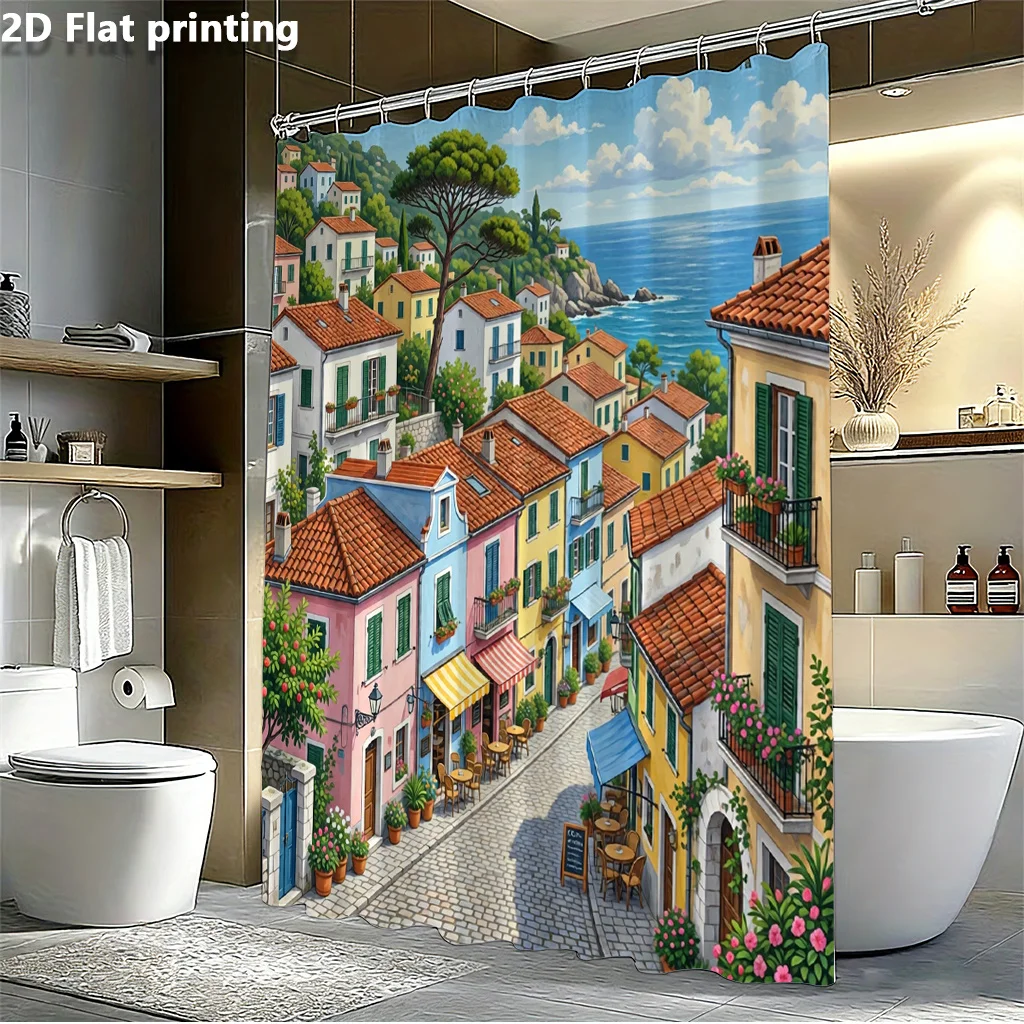 Mediterranean Village Shower Curtain, Colorful Coastal Town Waterproof Bath Curtain, European Scenery Bathroom Decor