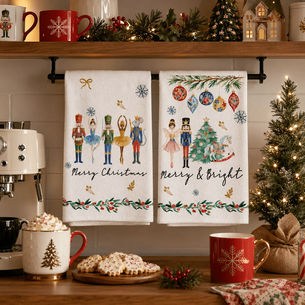 2-Pack Christmas Nutcracker Ballet Girl Pattern Kitchen Towel Scrub Dish Towel