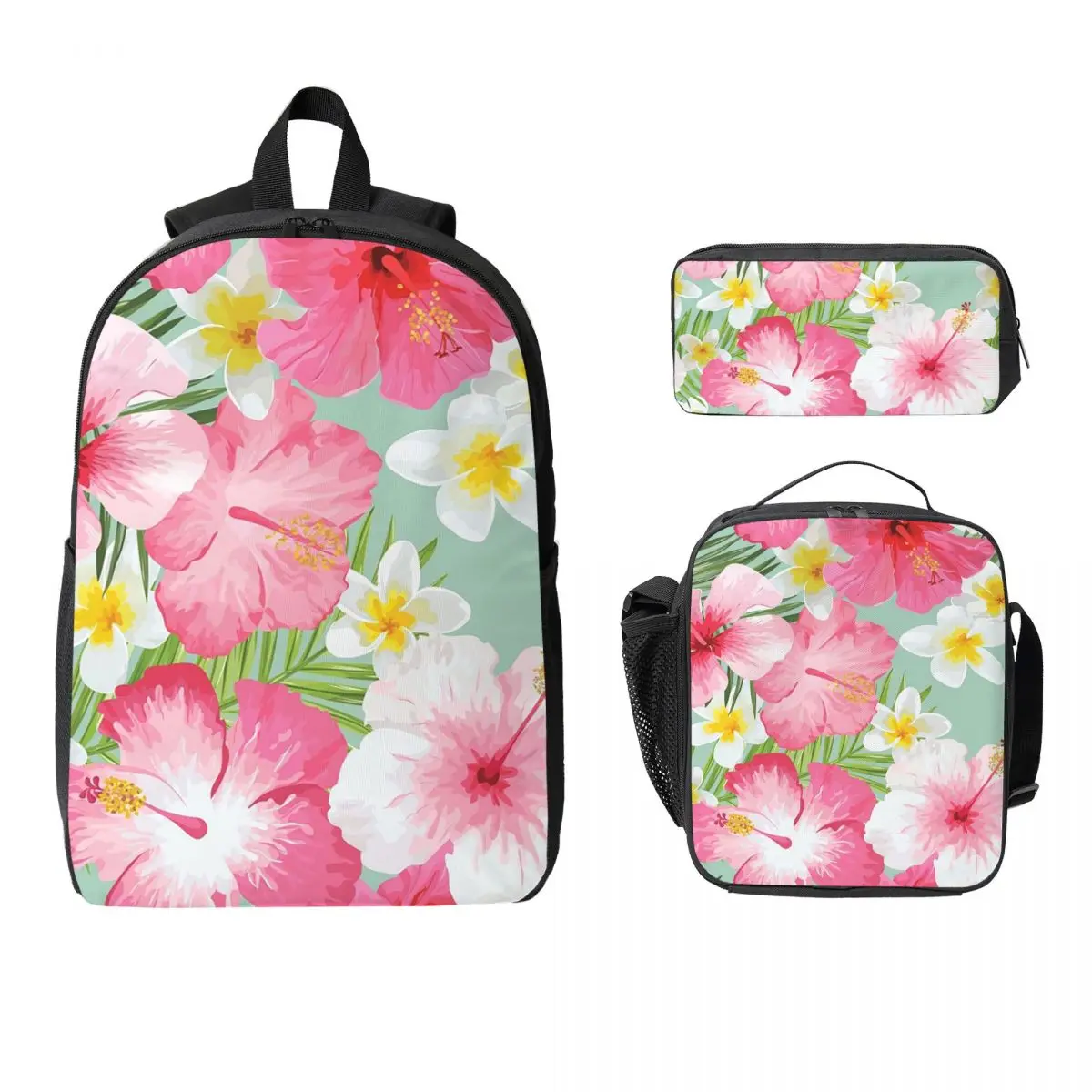 Tropical Hibiscus And Plumeria Flowers Backpack Boys Girls BookBag School Bag Shoulder Bags 3ps Insulated Lunch Bag Pencil Case