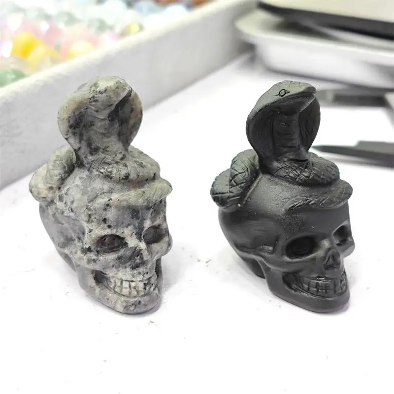 Natural Yooperlite Black Obsidian Snake With Skull Statue Healing Fengshui Sculpture For Decoration Gift 5.8CM