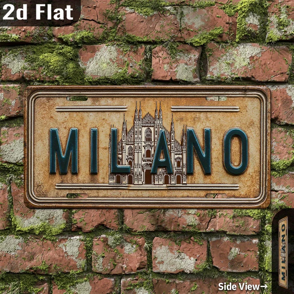 2D Flat - 1pc Vintage Aluminum Sign, 2D Flat, Italy | Milan City Sign, Retro Wall Art, 30.23cm x 15.24cm, for Garage, Front Yard