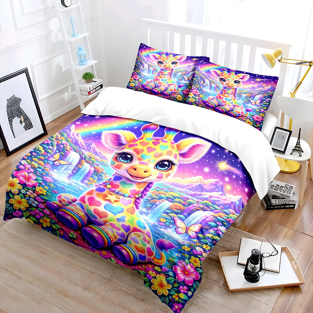 Rainbow waterfall and colorful giraffe Print Bedding Set 1 Duvet Cover 2Pillowcases for Adult and Children Luxury Gift Full Size
