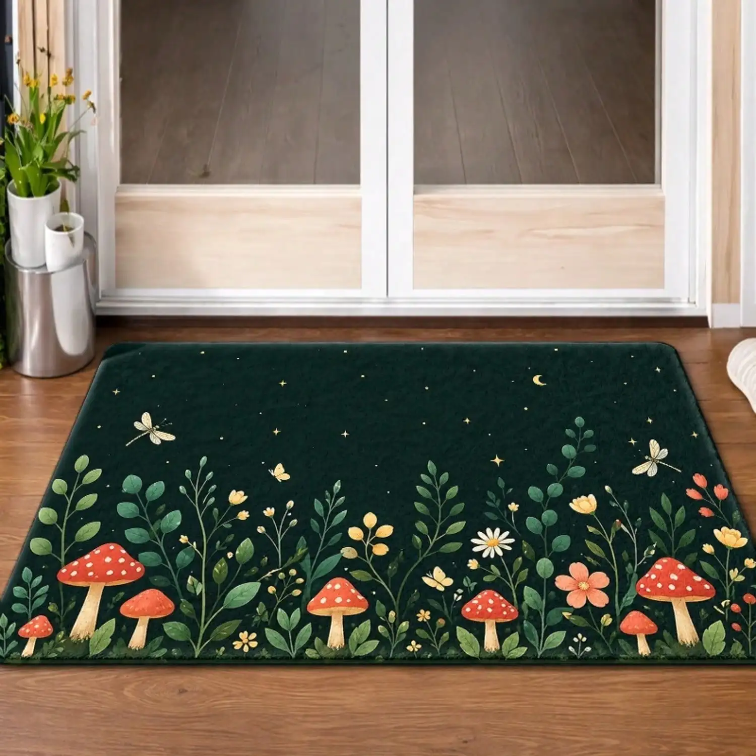 1pc, Dreamy Forest Flowers Mushrooms Insects Printed Doormats, Bath, Durable Machine-Washable, Applicable To Living Room, Bedroom, Office, Indoor, Bathroom