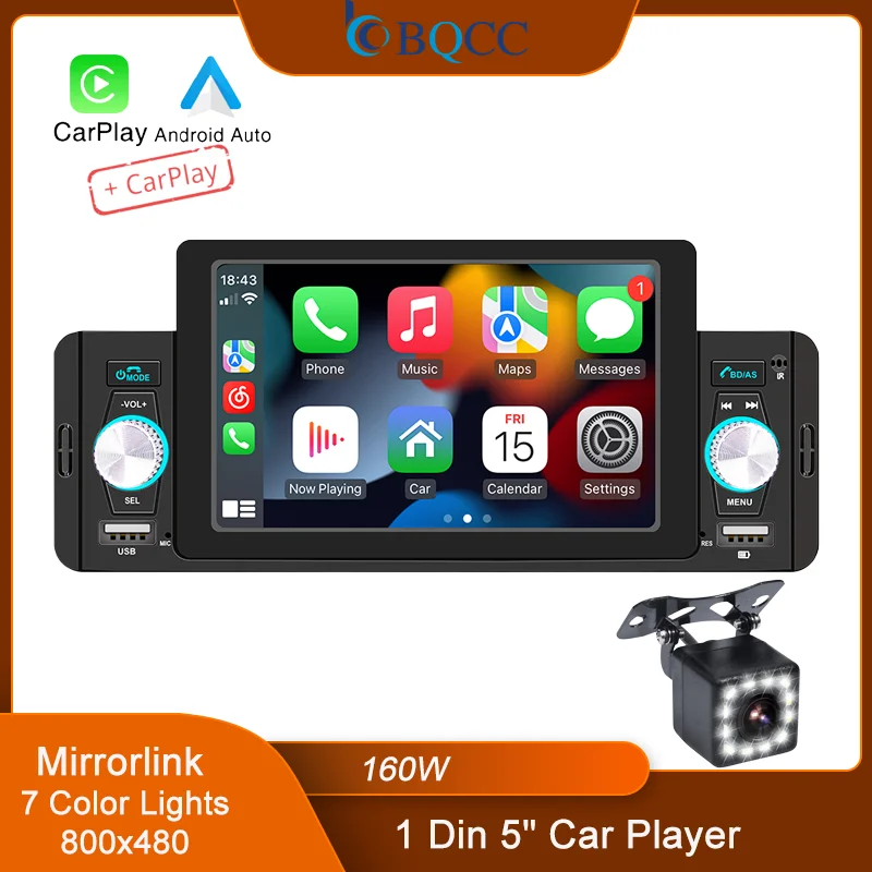 

BQCC 1 Din 5" Car Player Wireless Android Auto Carpiay BT RDS Radio Mirrorlink 7 Color Lights Dual USB Fast Phone Charging