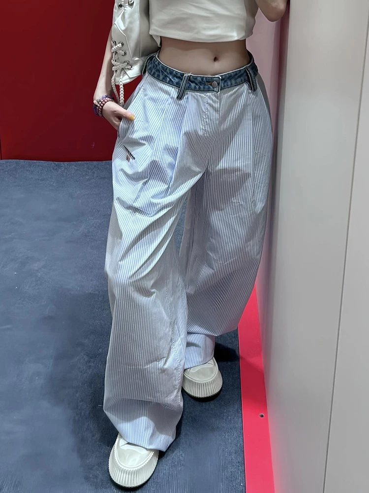 

American Korean Stripe Patchwork Pants Women High Waist Denim Waist Casual Trousers Loose Wide Legs Long Pants