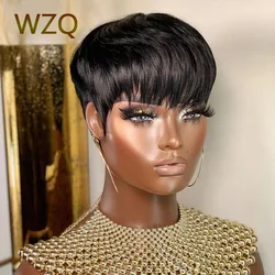 Short Pixie Cut Remy Human Hair Wigs Ready To Wear Glueless Cut Straight Natural Color Full Machine Made Bob Wig With Bangs