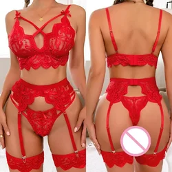 Women Pajamas Set Deep V-Neck Tops And Shorts Garters Pajama Suit Ladies Sling Nightwear Sexy Lingerie Babydoll Sexy 3-Pieces