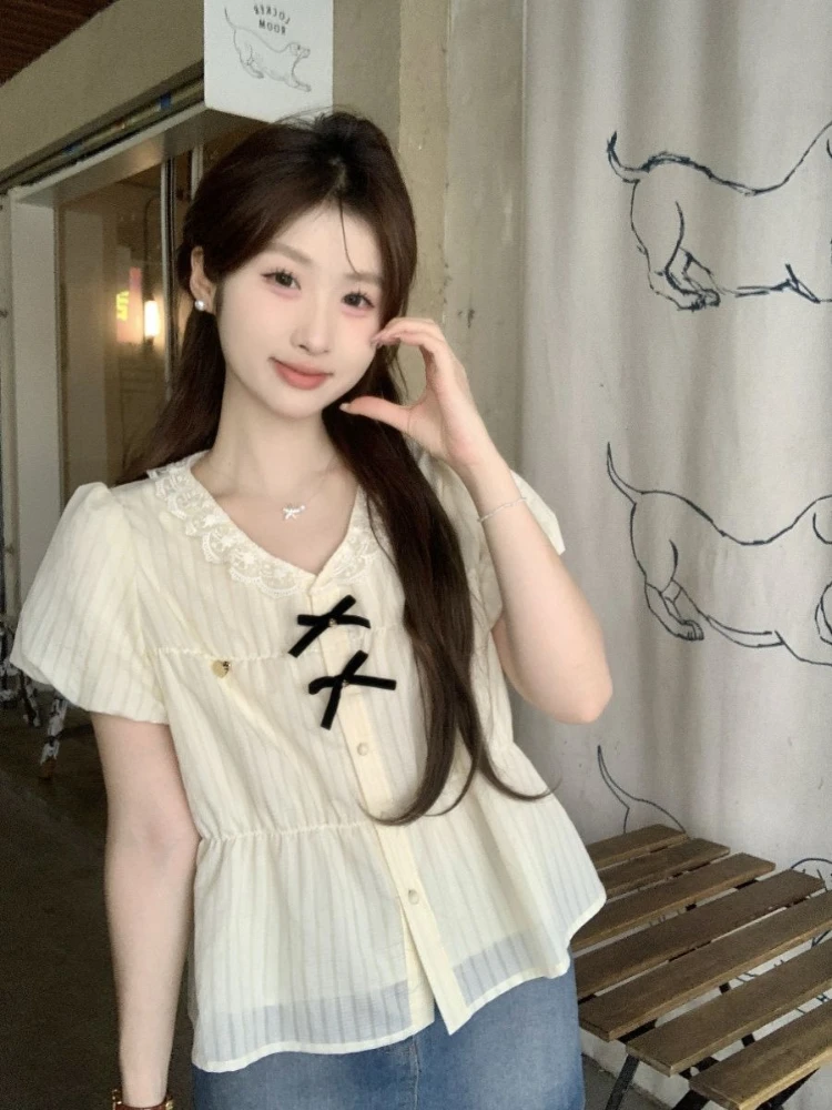 

2026 New Summer Women's Floral Lace Blouse Sweet Youthful Girly Top With Puff Sleeves Stylish Casual Wear​