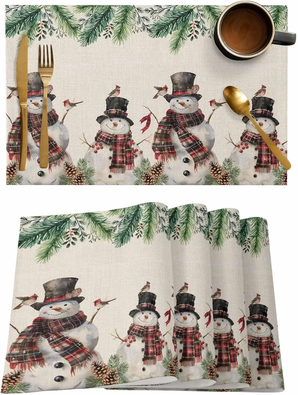 

Christmas Snowman Pine Cone Table Mats for Kitchen Dining Decor Washable Winter Holiday Table Placemats Christmas Decorations