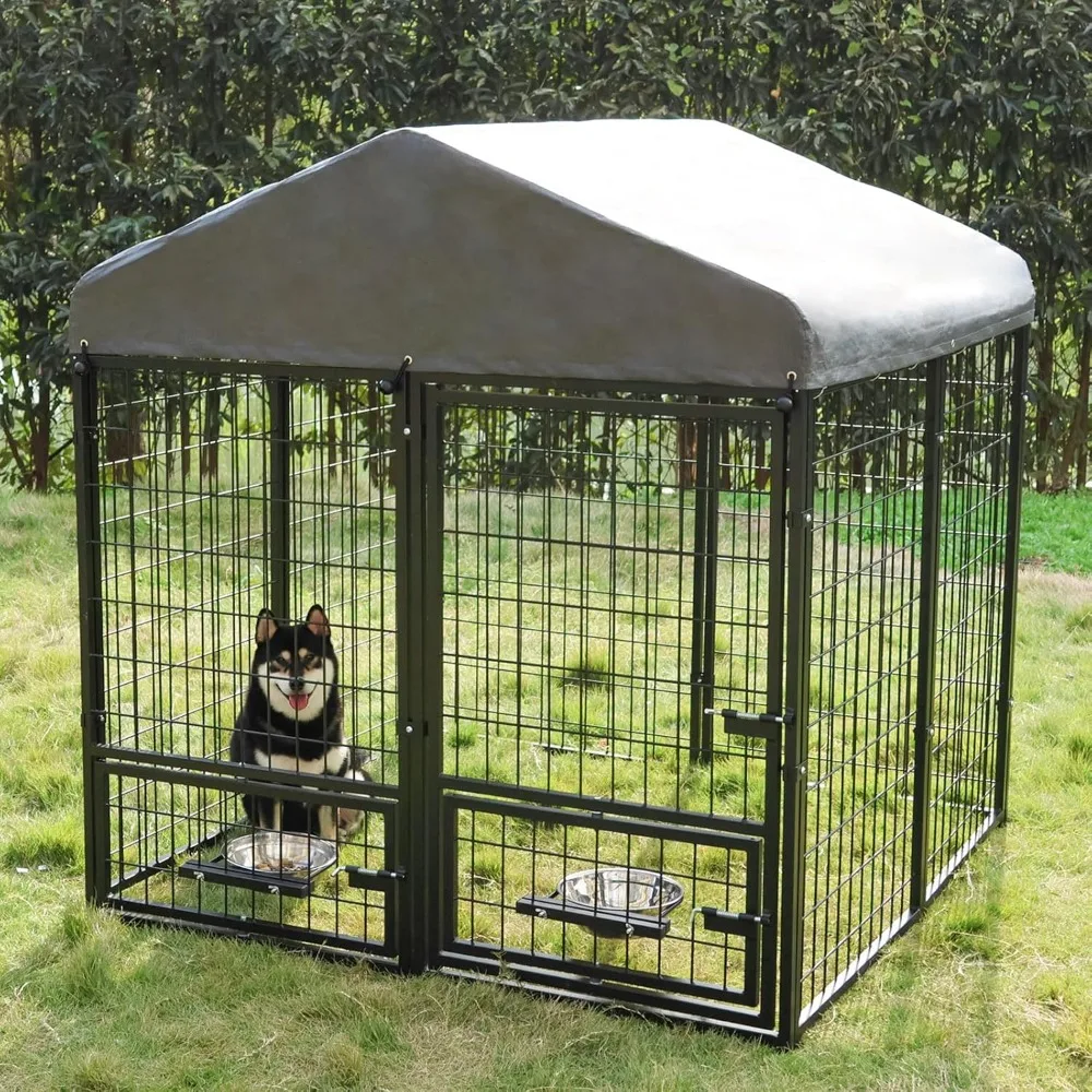 

Dog Kennel Outdoor with Roof and Rotating Bowl Holders, Large Metal Dog Enclosure, Heavy Duty Dog House Built with Robust