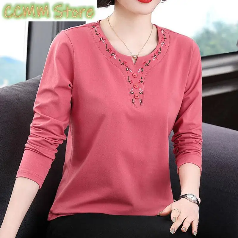 

Women's Casual All-match O-Neck Embroidery T-shirt Fashion Elegant Button Spliced Solid Long Sleeve Top for Female Spring Autumn