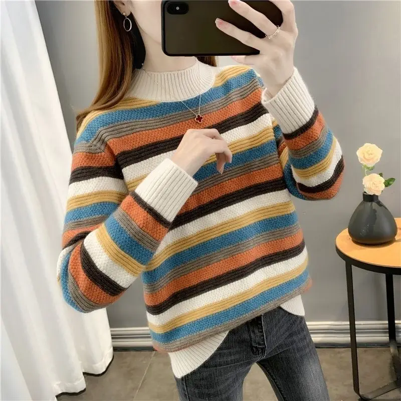 Autumn and Winter Women's Pullover Half High Neck Striped Sweater Loose and Thickened Knitted Underlay Fashion Long Sleeve Tops