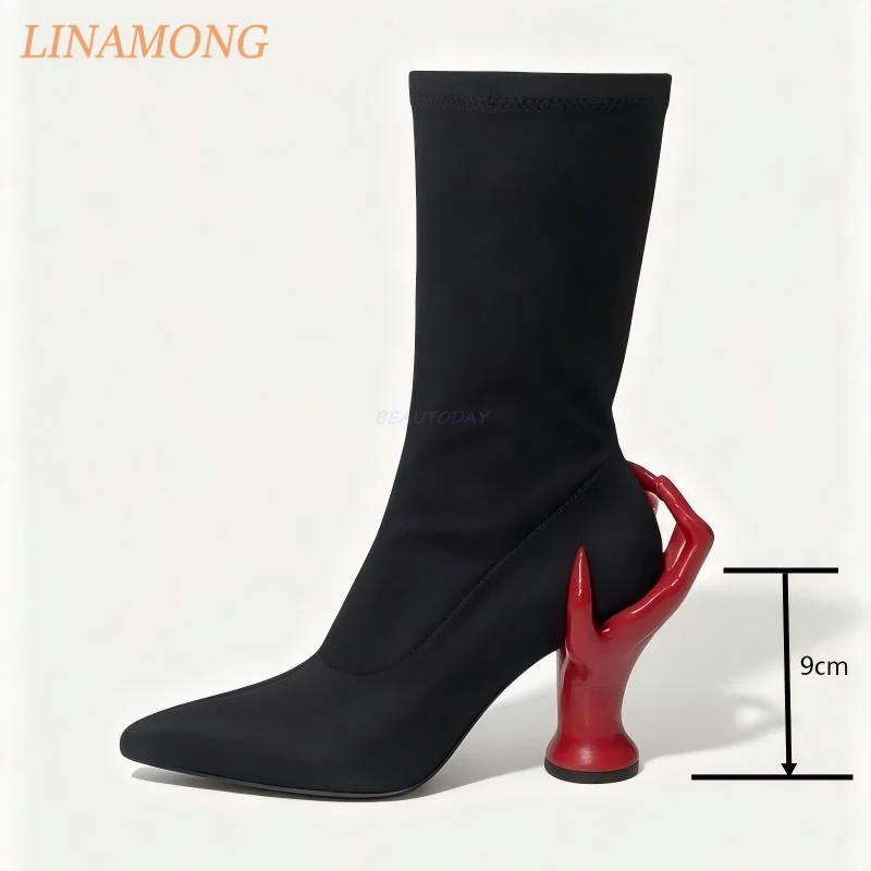 Women Pointed Toe Mid Calf Stretch Boots Unique Hand Shaped Sculptured Heel Contrast Red Heel Design Fashion High  Heeled Boots