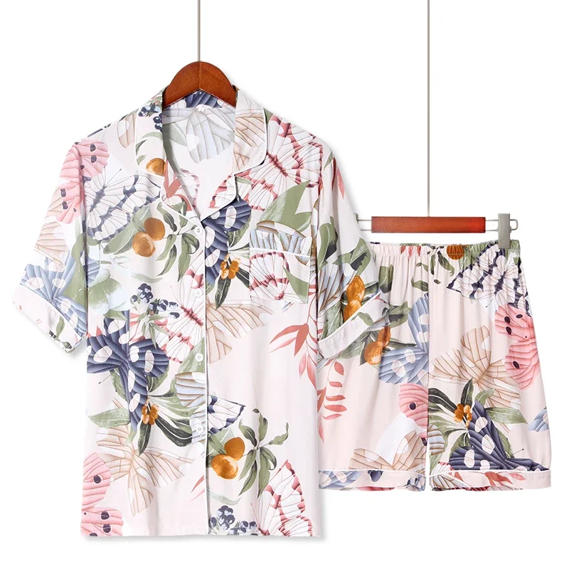 Plus Size Women's 100% Viscose Sleepwear Butterfly Print Short Pajama Set Contrast Piping Loose Pants Lougewear S-XXXL