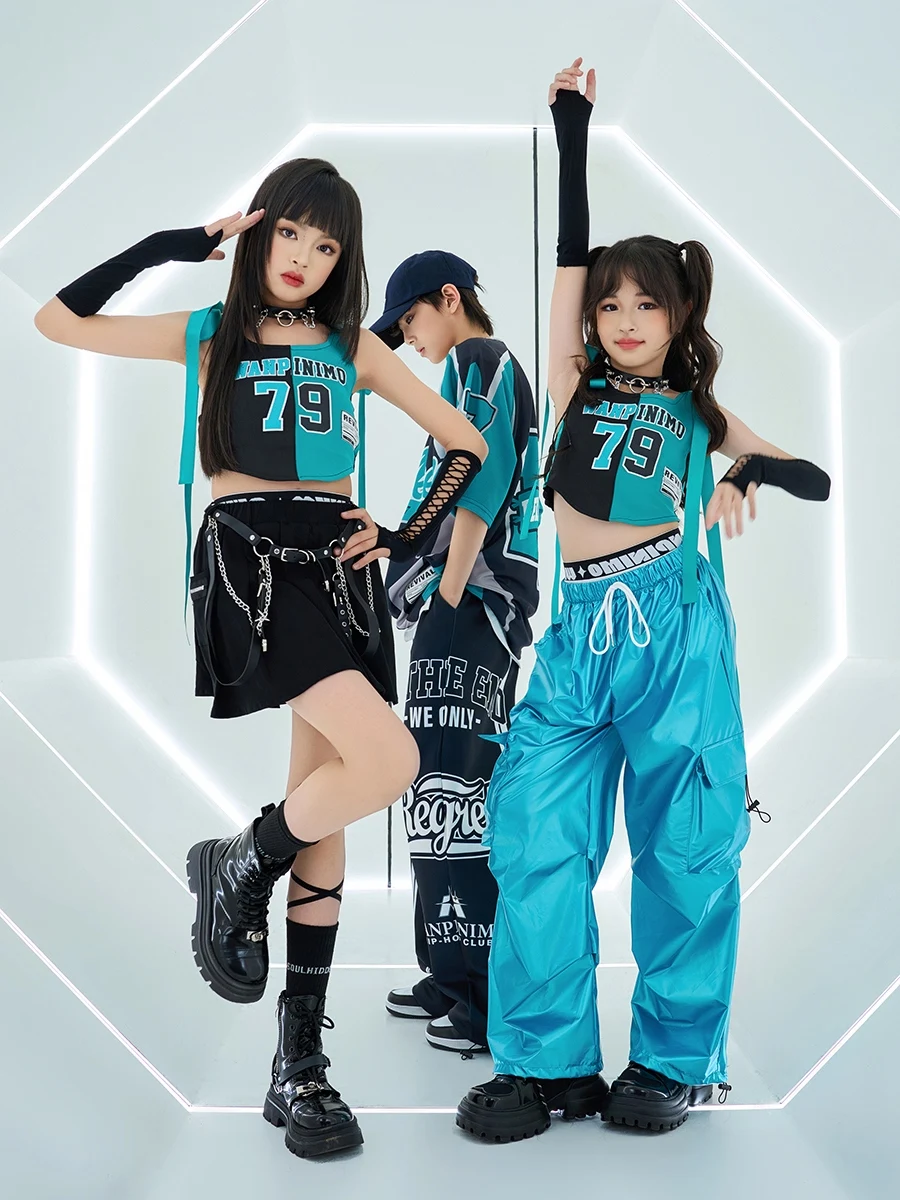 New Fashion Jazz Modern Dance Performance Stage Costumes For Girls Blue Vest Loose Pants Suit Boys Hip Hop Rave Clothes DQS16119