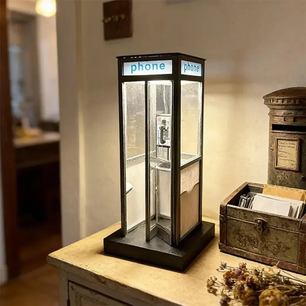 New Retro Vintage Tall Phonebooth Lamp, Classic Telephone Booth Table Lamp With Warm LED Light, Phone Box Decorative Night Light