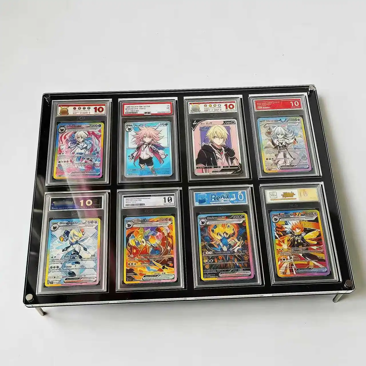 8Slot Graded Card Stand Black Acrylic Display Holder for PTCG YGO Rating Cards Crystal Clear Edge Modern Showcase
