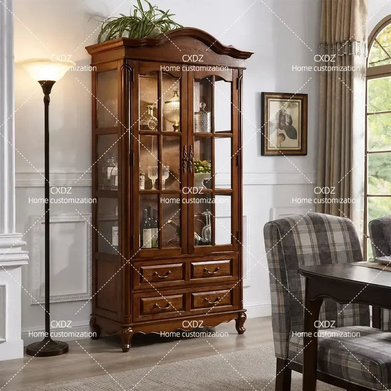 Solid Wood Wine Cabinet Double Door Glass Display Locker Wall Mounted Small Sideboard for Dining Room Villa Home Decor
