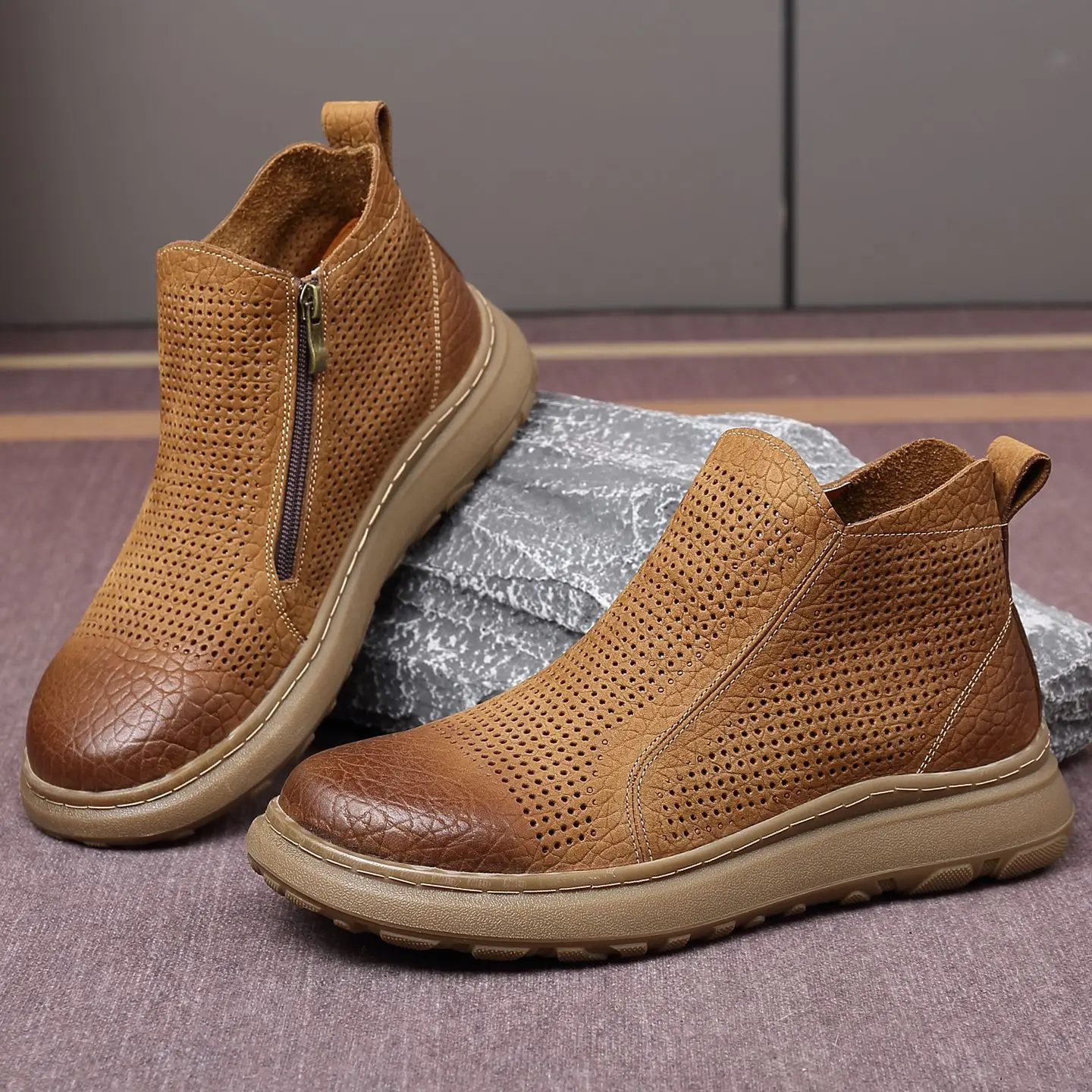 High Top Genuine Leather Shoes Men Hollow Hole Summer Luxury Loafers Business Office Formal Dress Suit Casual Oxford Boots 2026