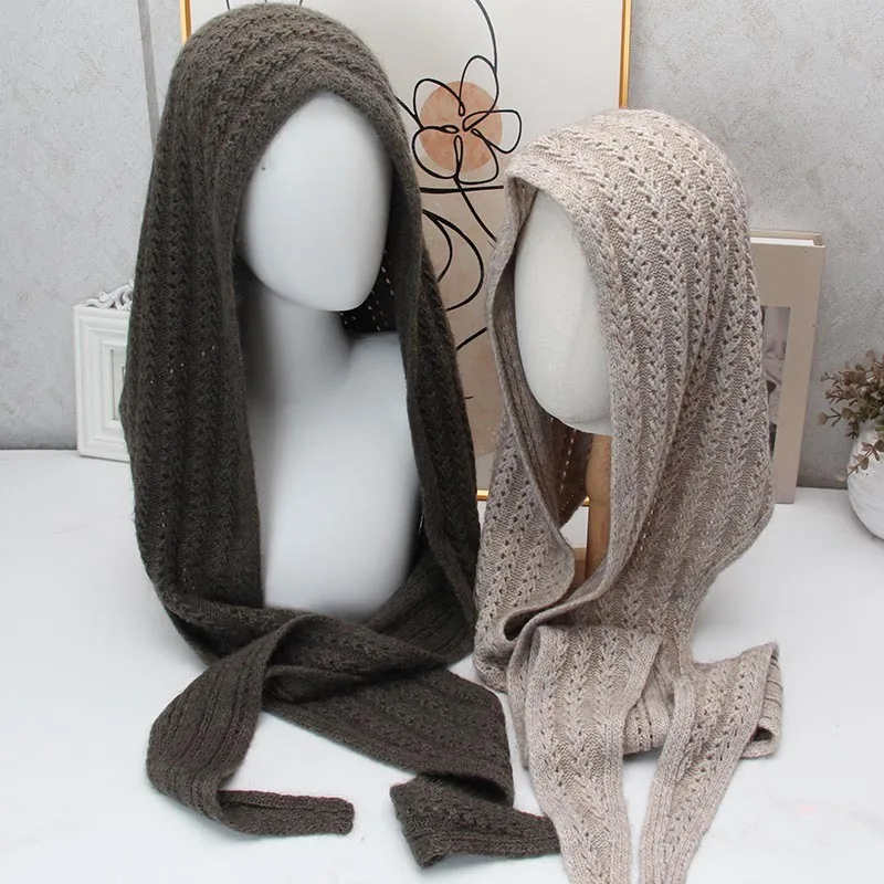 Hollow Knit Hooded Scarf Integrated Hat Women's Autumn and Winter Shawl Hat Ear Protector Headgear Yak Velvet Scarf Hat