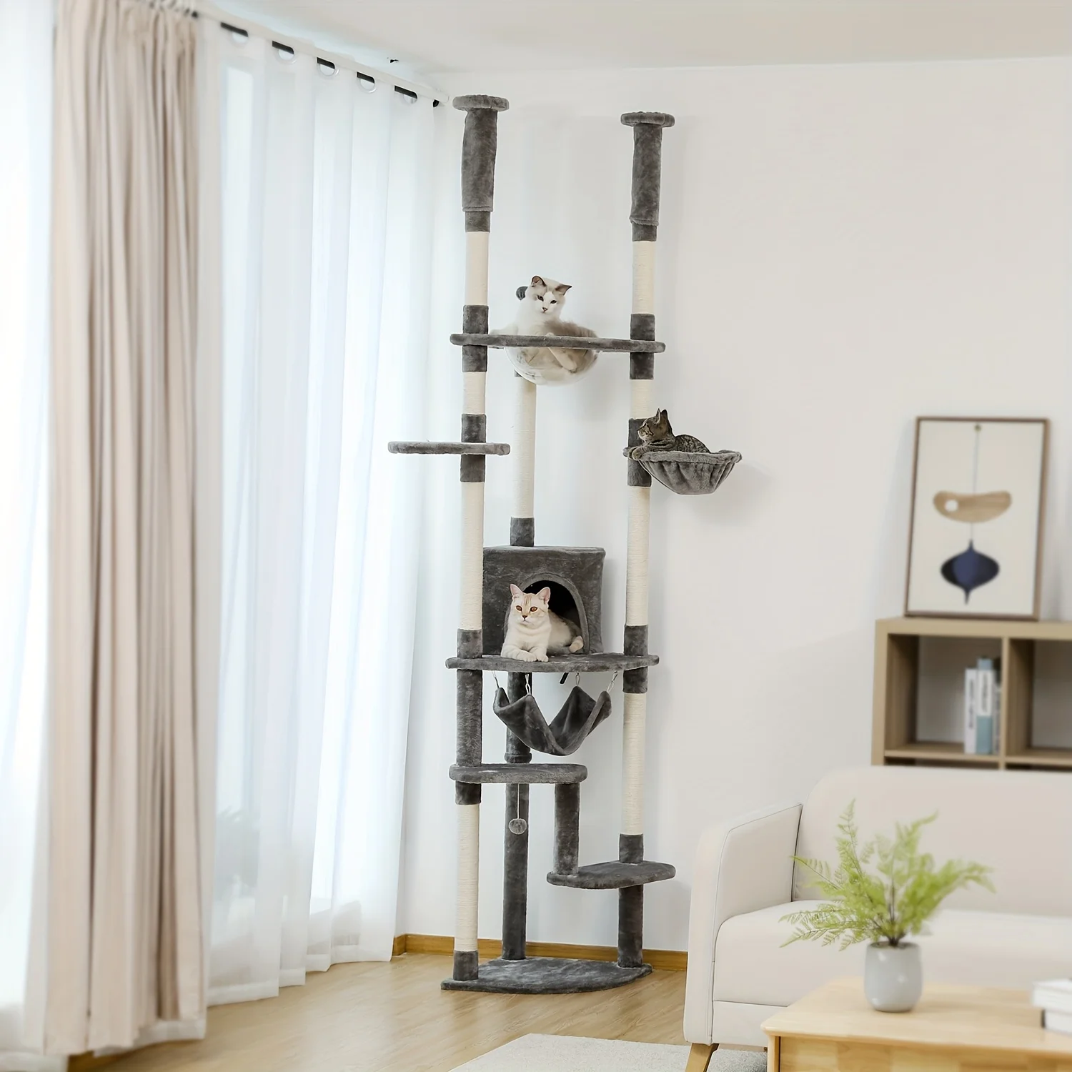 

PEQULTI Adjustable Cat Tower for Indoor Cats, Ranging from 92.9' to 101.6' in Height, Features Scratching Posts, a Cozy Condo, Perches, And a Spacious Hammock for Climbing And Playing