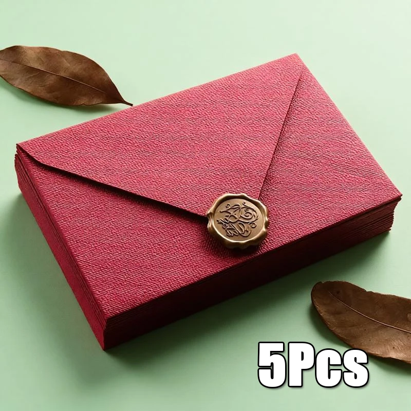 5Pcs Vintage Style Linen Envelopes in Off-White and Burgundy for Chinese Card Invitations Postcards 128g High-Quality Fabric