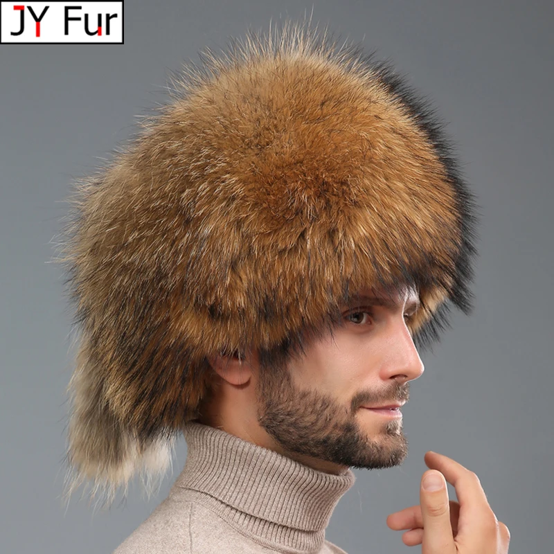 

2024 Winter Men's 100% Real Silver Fox Fur Bomber Hat Raccoon Fur Ushanka Cap Trapper Russian Man Ski Hats Caps Real Fur Hat