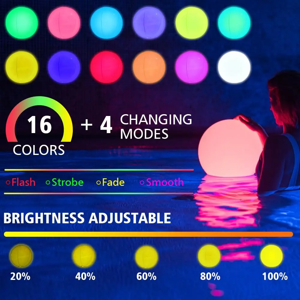 2 Piece Inflatable LED Luminous Water Ball, Ø 40cm Floating Pool Lighting,Waterproof Beach Ball with Remote Control