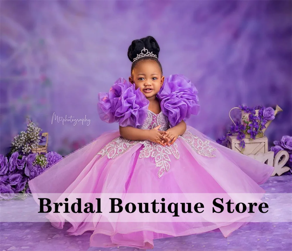 

New Design Purple Flower Girls Dress Puffy Ruffle Bead Crystals Pearls Ball Gowns Child Birthday Prom Party Dress For Wedding