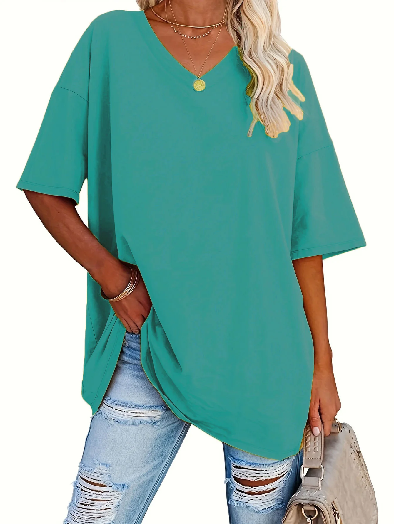 plus size cross-border elegant women's spring, summer and autumn T-shirt solid color short-sleeved V-neck top