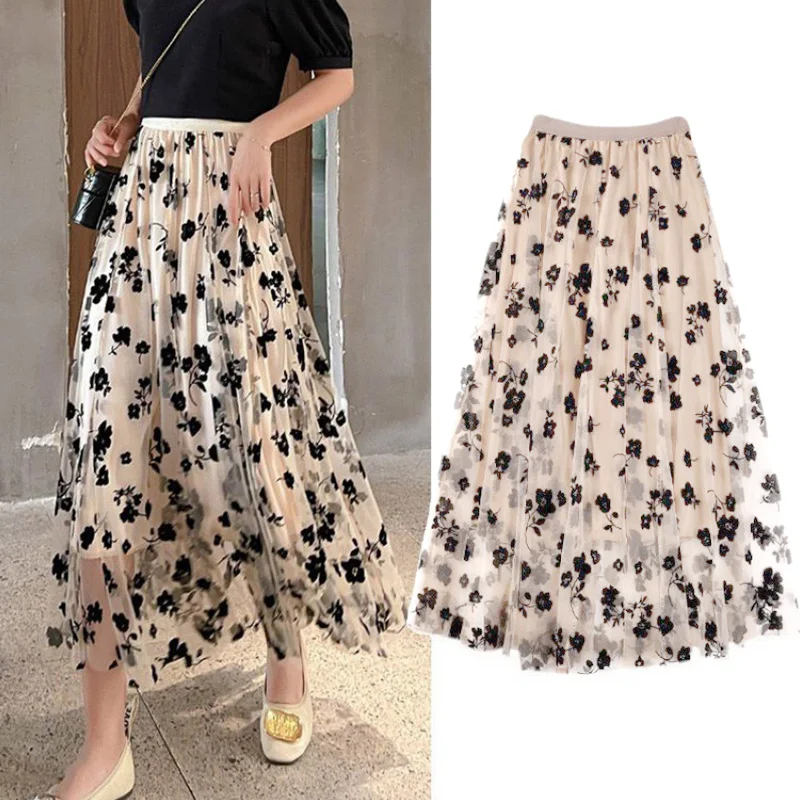 

2023 Women Mesh Floral Half-length Spring Autumn Long Gauze Skirt High Waisted Grace Fashion Elegant Slim Printing Puff Skirts