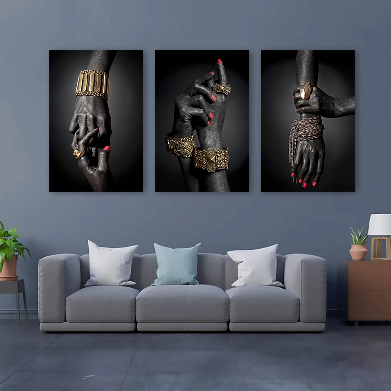 

African Art Black and Gold Hand With Gold Gesture Canvas Painting Poster and Prints Wall Art Pictures for Living Room Home Decor