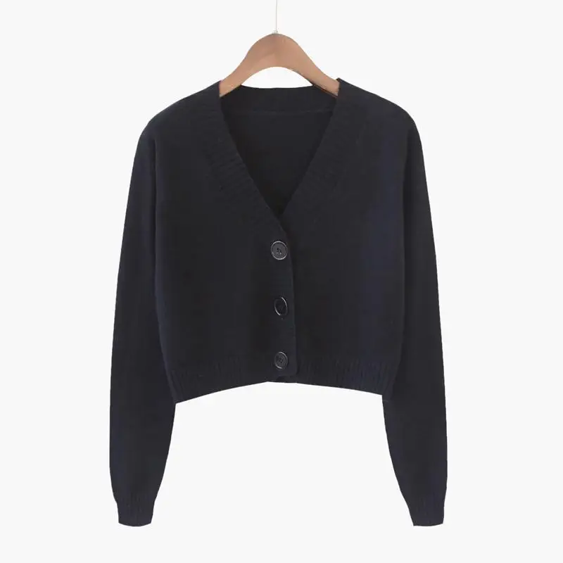 Cardigan corto lavorato a maglia Donna Maglione corto coreano Manica lunga Crop Top Scollo a V Moda Y2k Abbigliamento Verde Blu